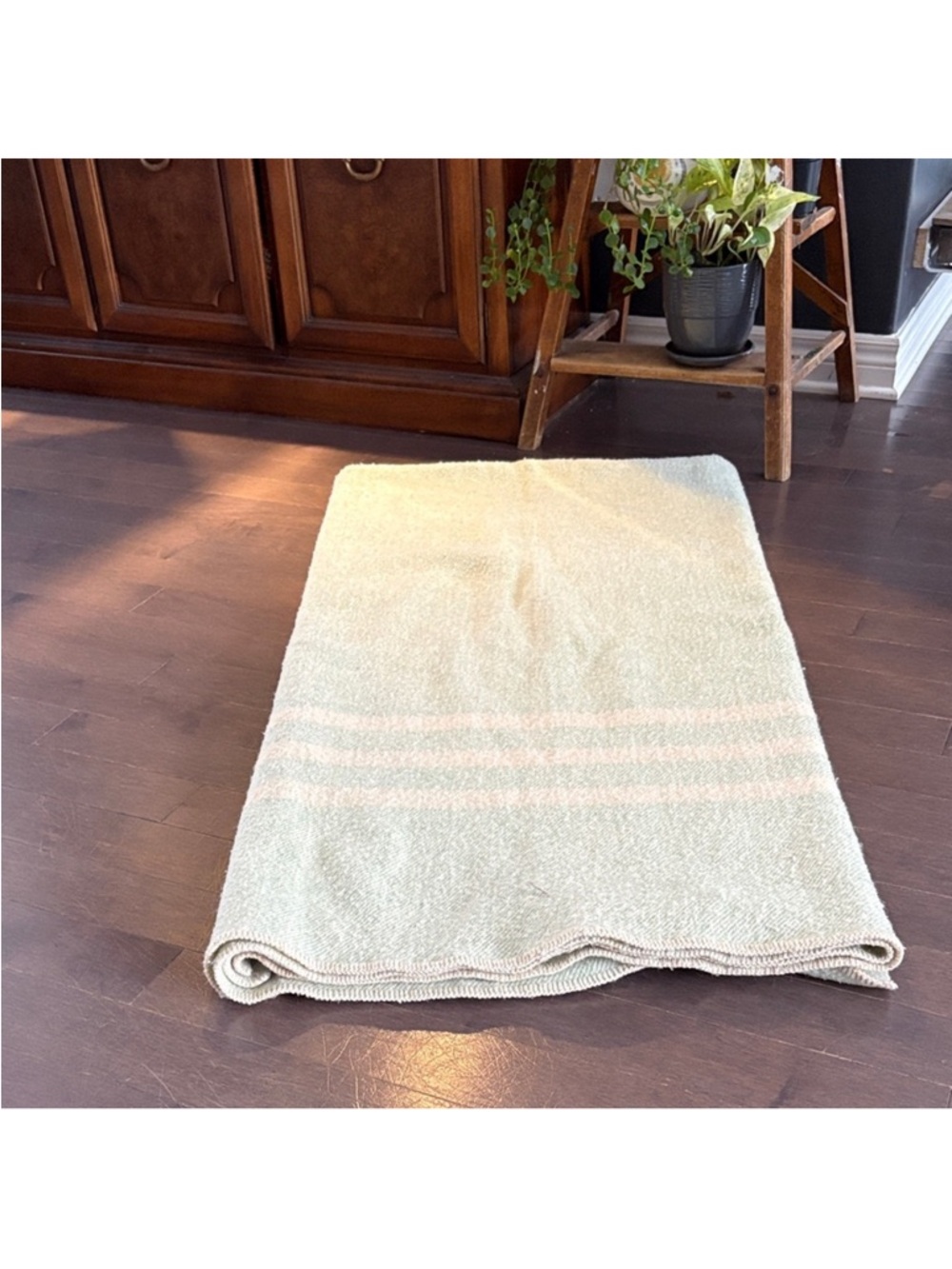 Vintage Wool Blanket Sage Green w/Cream Stripes | Cozy Winter Cabin Throw - Picture 2 of 6